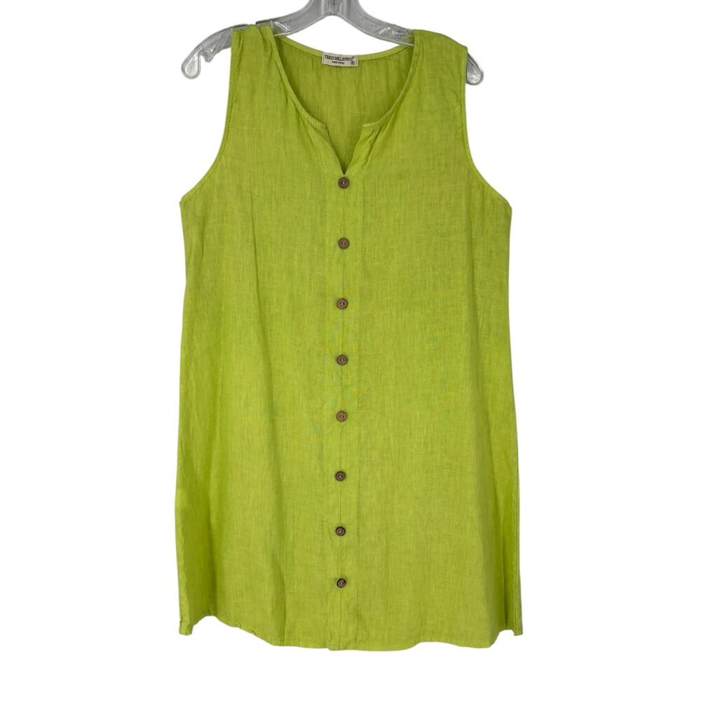 Terzo Mellennio 100% Linen Dress Italy Shift Button Front Lime Green Med Resort